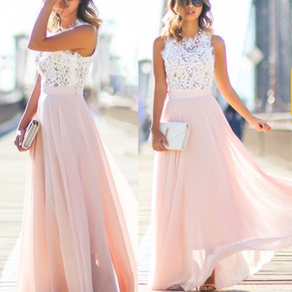 Long formal blush pink chiffon bridesmaid dress